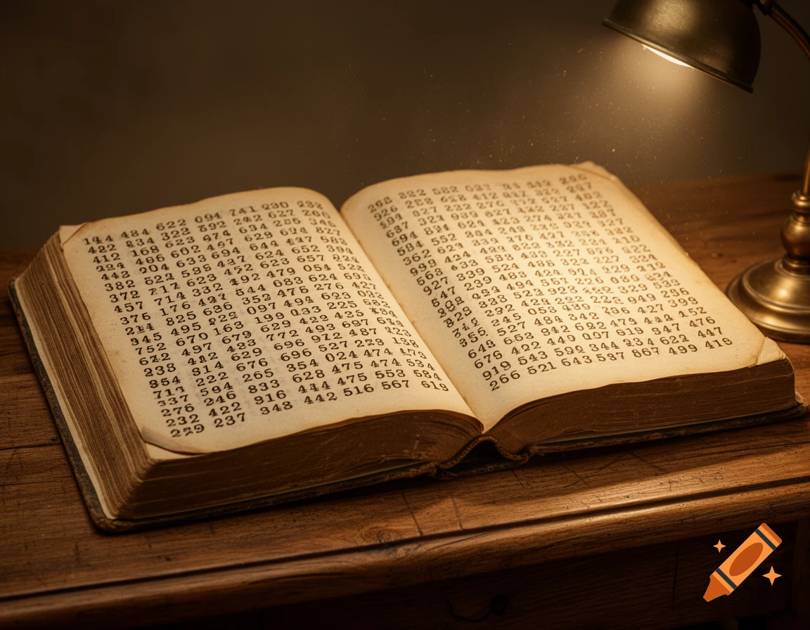 An open, vintage book filled with rows of random numbers, illuminated by a warm desk lamp on a wooden table.