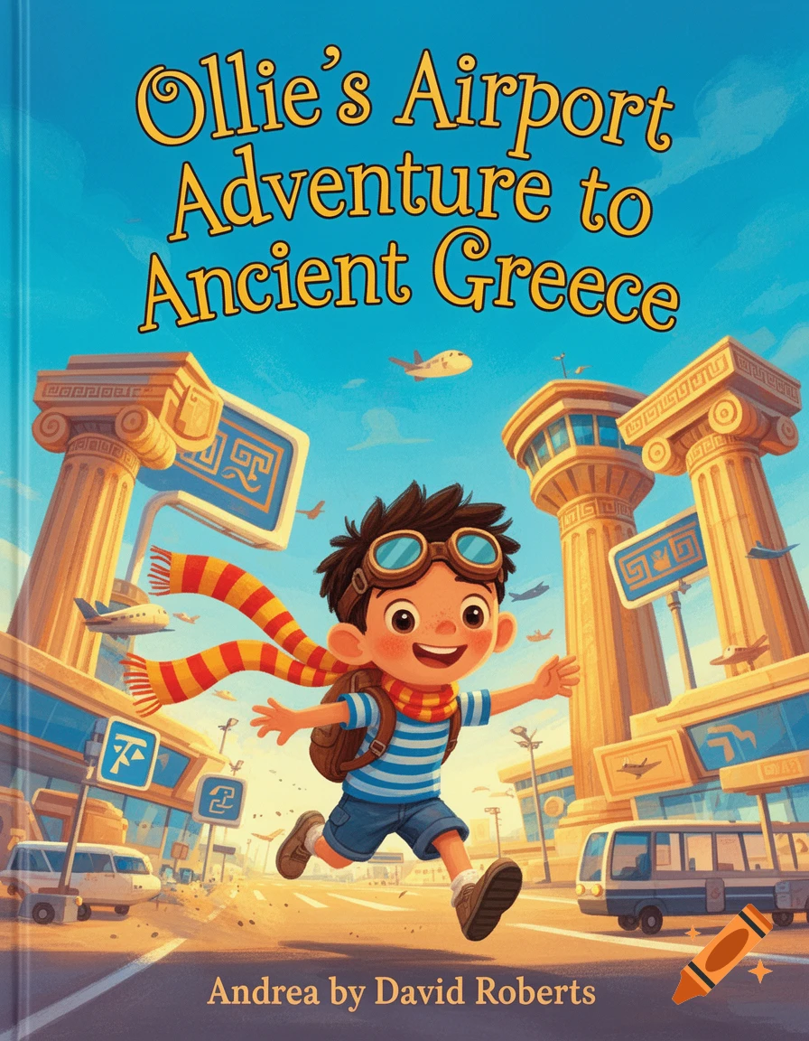 A cheerful boy with goggles and a striped scarf runs in front of an airport with Greek columns, a children's book cover illustration.