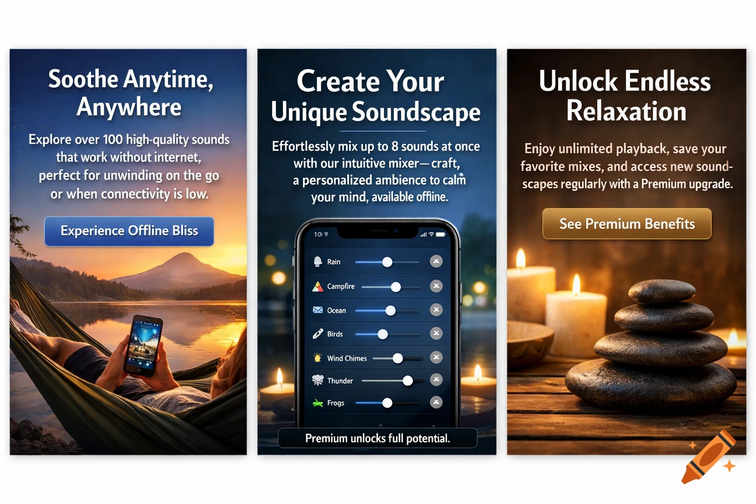 Three app onboarding slides: one shows a person relaxing in a hammock by a lake with a phone, another displays a sound mixer app UI, and the third features balanced stones and candles.