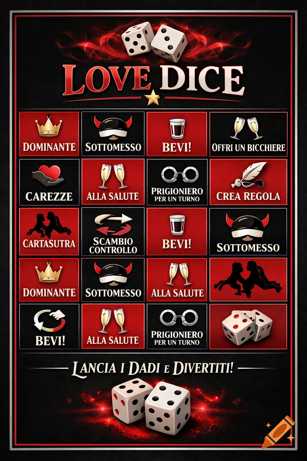 A 'Love Dice' game board with 24 red and black squares featuring icons like crowns, devil horns, handcuffs, and champagne glasses, with white dice at the top and bottom.