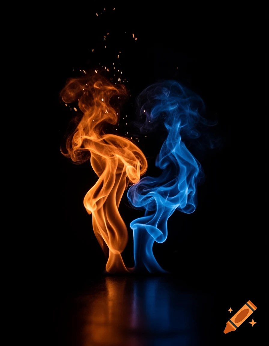 Two stylized flames, one orange and one blue, rise from a reflective dark surface against a black background.
