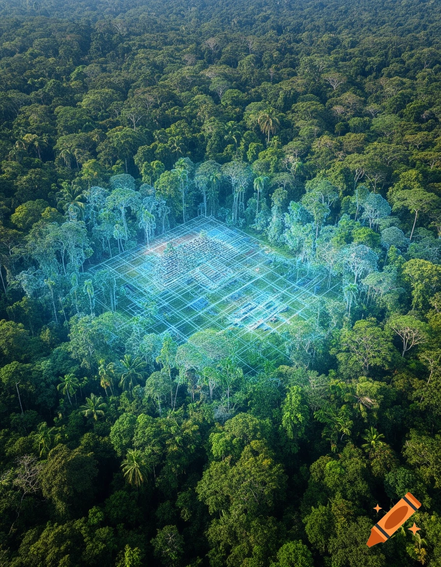 Aerial view of a dense green forest with a glowing blue digital wireframe grid overlaying a square section.