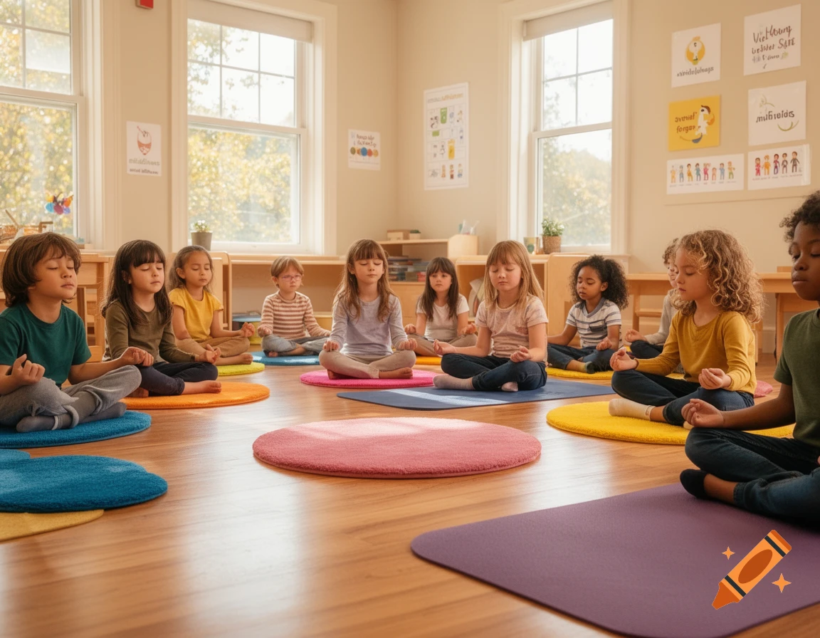 Young students meditate on colorful mats in a bright, sunlit classroom, practicing mindfulness.