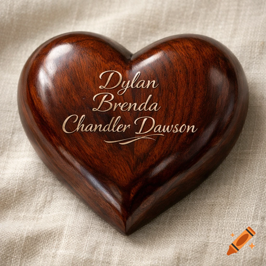 A close-up of a photorealistic wooden heart engraved with the names Dylan Brenda Chandler Dawson.