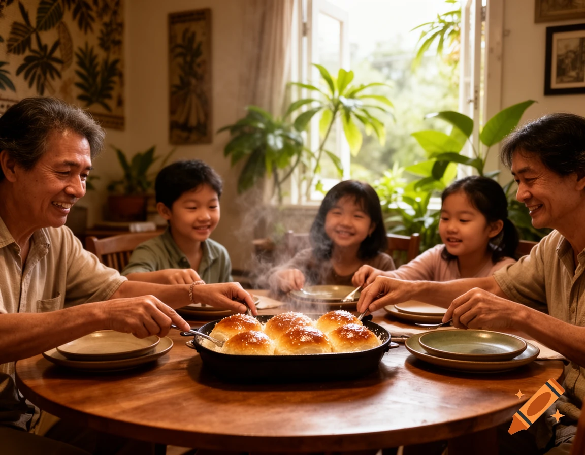 A smiling family gathered around a wooden table, enjoying a meal of fresh-baked pani popo.