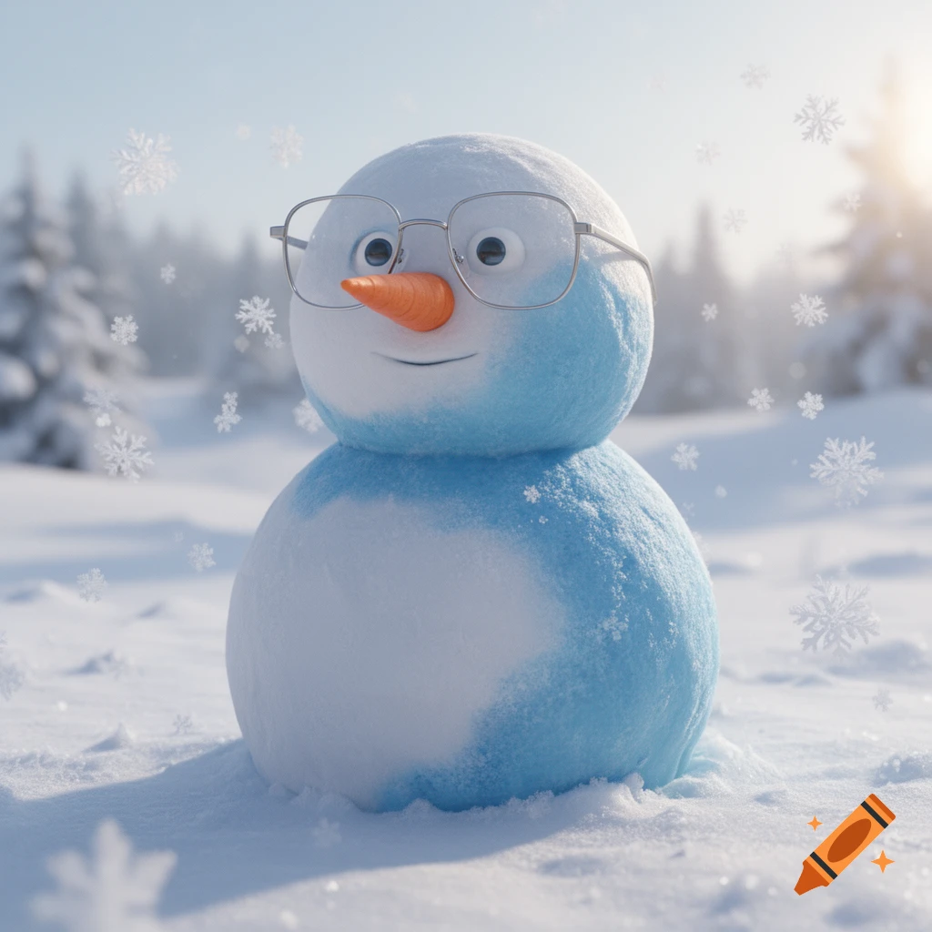 A cheerful two-toned snowman with reading glasses stands in a snowy, sunny winter landscape with falling snowflakes, 3D render.