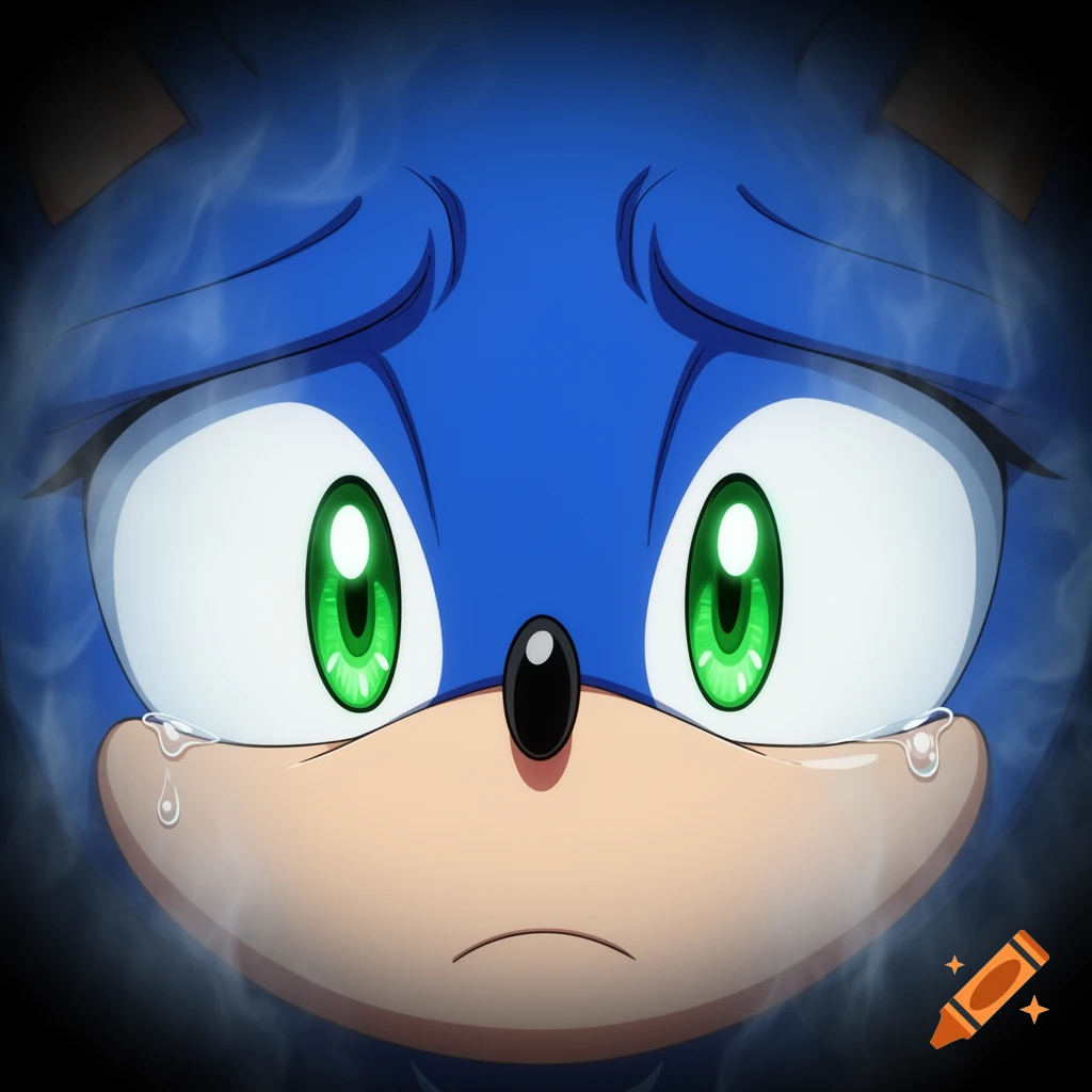 Close-up of Sonic the Hedgehog's face with big green eyes and tears, looking sad and nervous in an anime style.