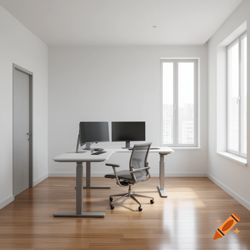 Photorealistic modern office with a white L-shaped desk, two monitors, and a gray chair, wooden floor, and two large windows.