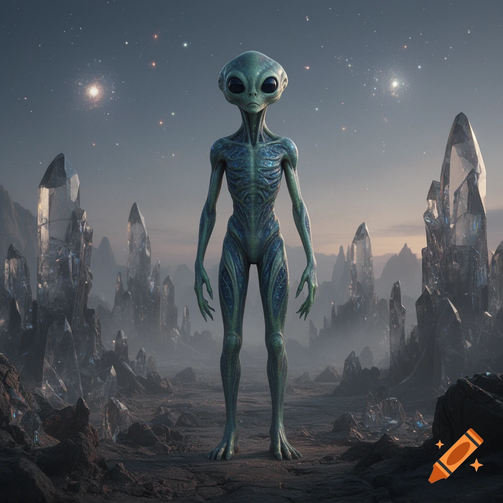 A tall, slender grey alien with large black eyes stands on a rocky, crystal-strewn alien planet under a starry sky. Photorealistic.