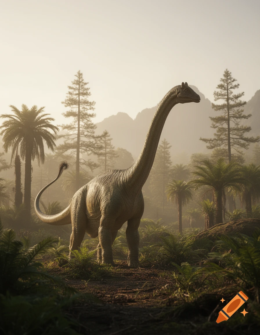 A majestic long-necked dinosaur with a whip-like tail stands in a misty, lush prehistoric forest, surrounded by tall trees and ferns.