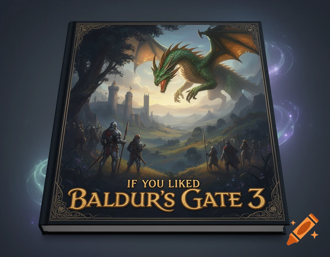 A fantasy book cover featuring a green dragon soaring above a castle and armored knights. Text: 'IF YOU LIKED BALDUR'S GATE 3'.