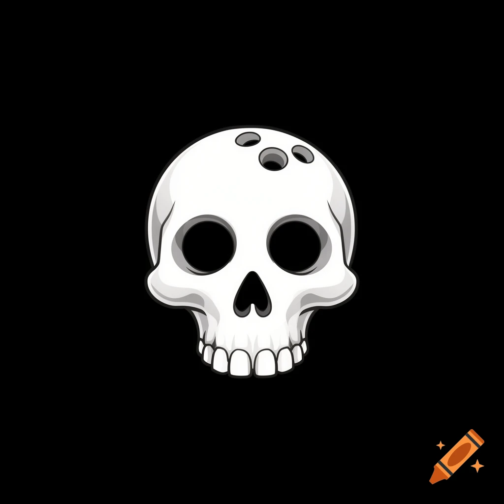 Cartoon white skull with bowling ball finger holes on top and for eyes and nose, on a black background.