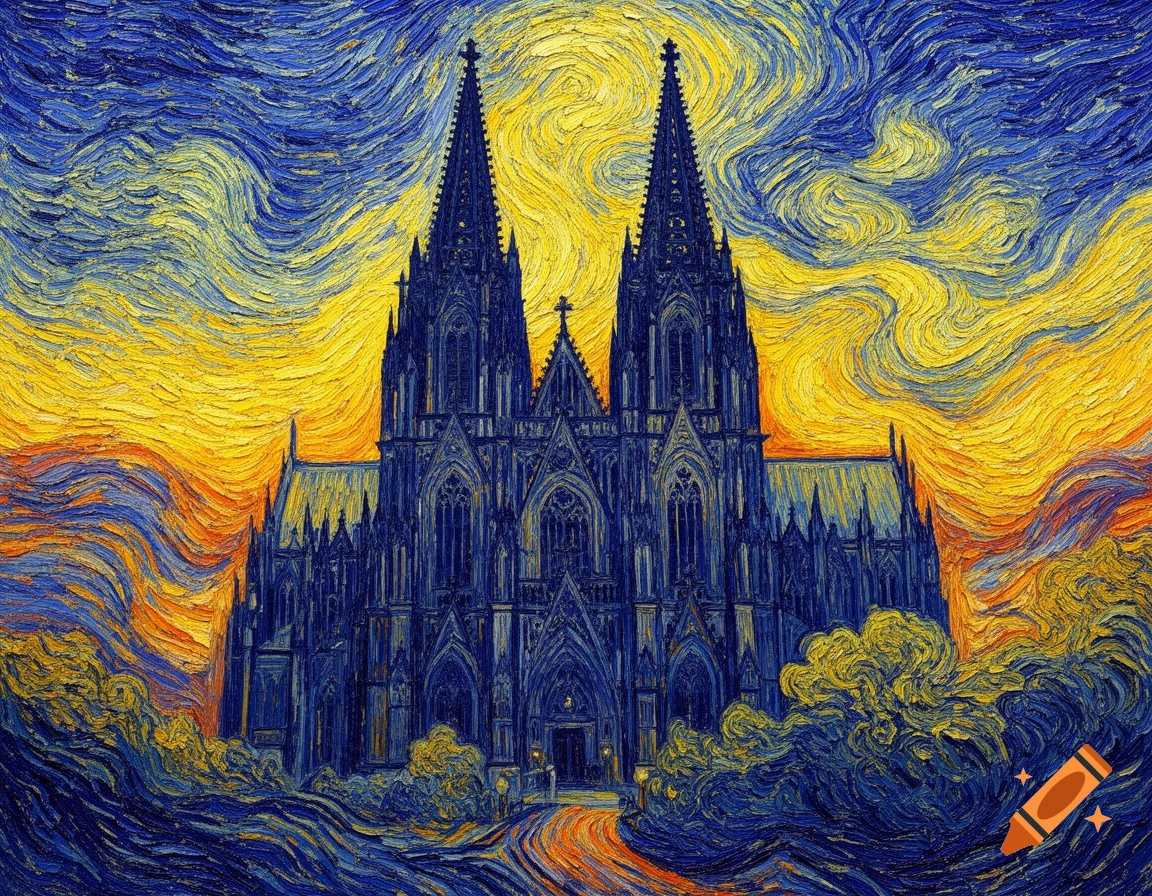 A vibrant, Van Gogh-style painting of the Cologne Cathedral with twin spires, against a swirling yellow and blue sky.