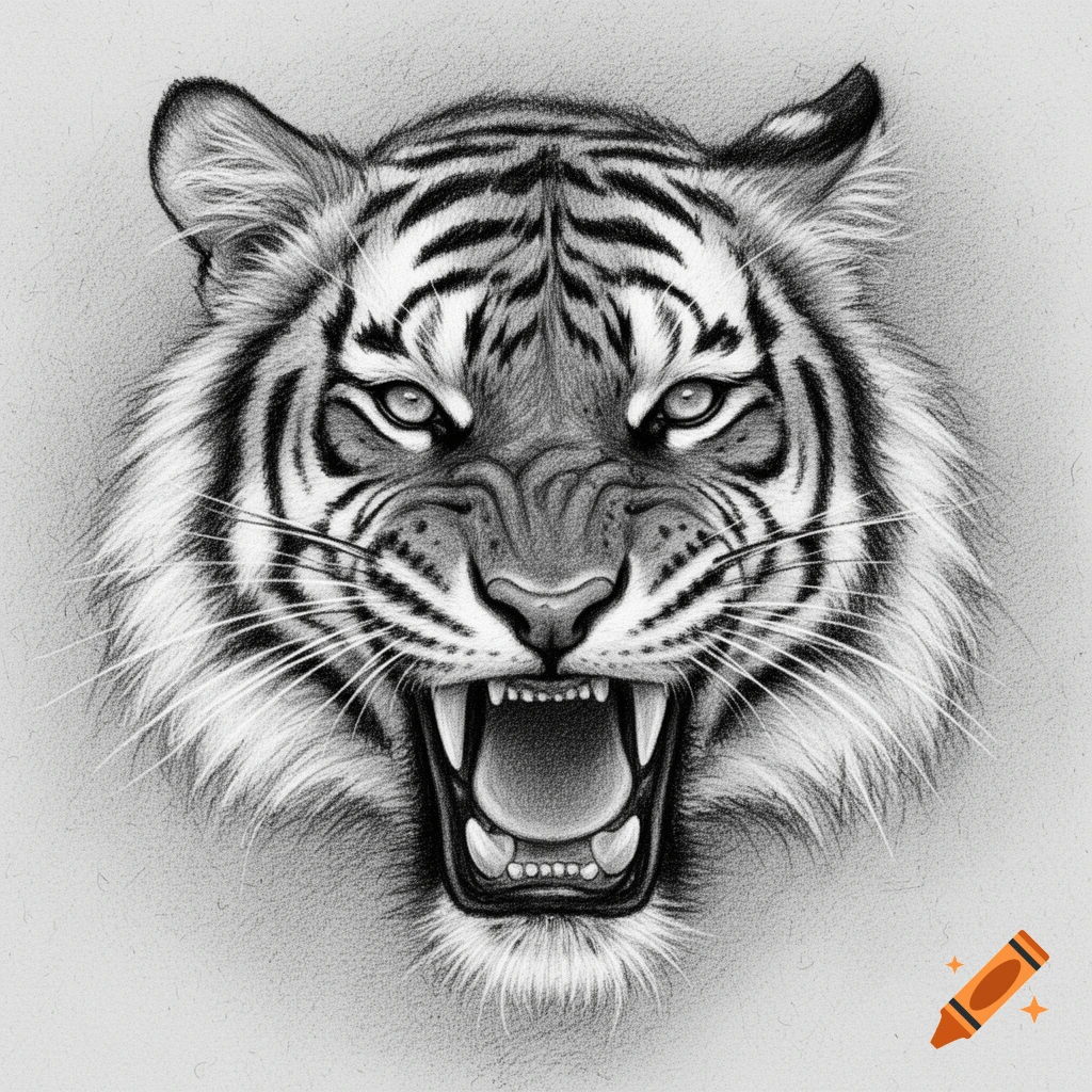 Black and white pencil drawing of a roaring tiger's head with an open mouth and bared fangs.