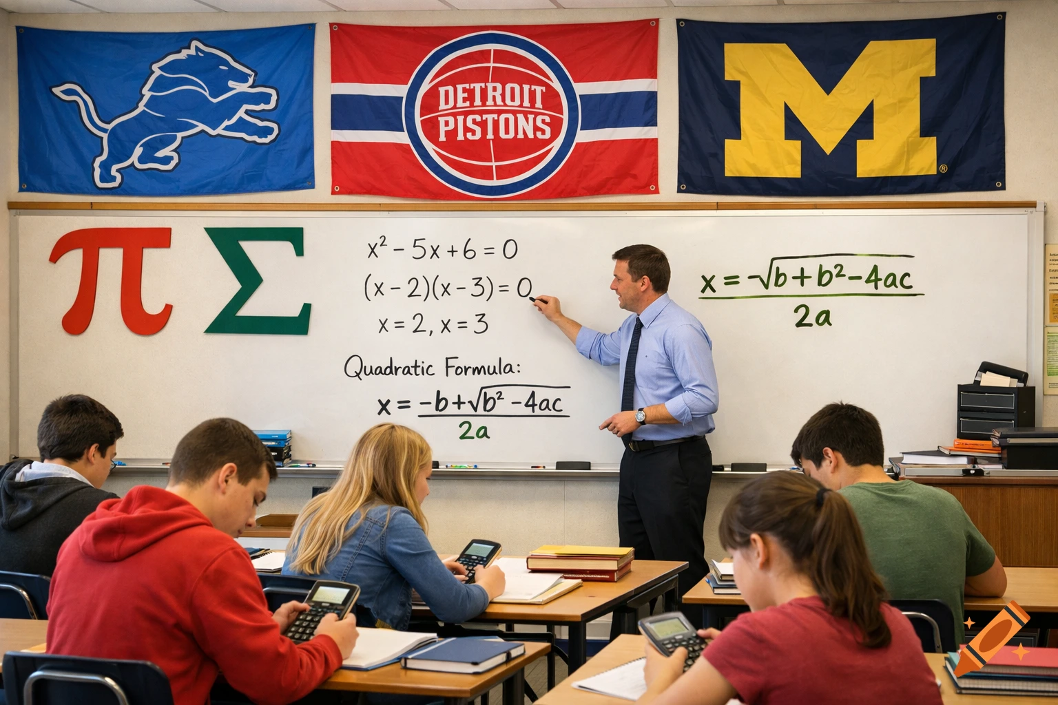 A teacher points to algebra equations on a whiteboard in a high school math classroom. Students use calculators at their desks, with sports flags and math symbols decorating the walls.