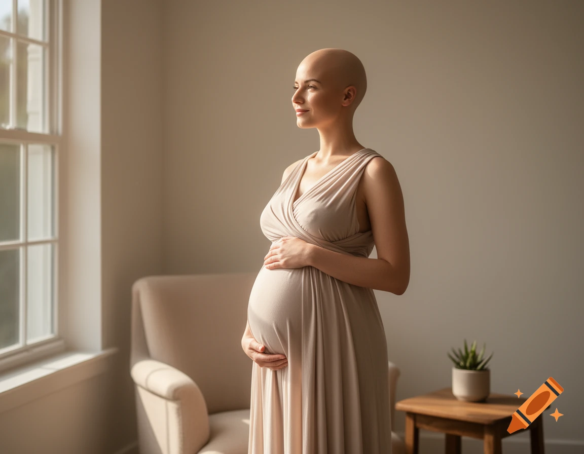 A bald pregnant woman in a beige dress stands in a sunlit room, looking out a window.