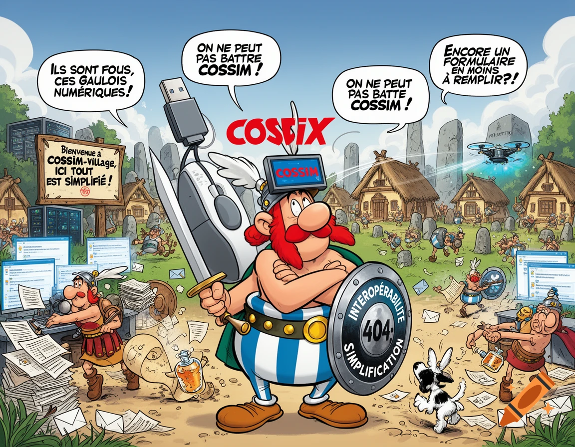 A cartoon character resembling Asterix, named COSTIX, holds a computer mouse sword and a shield with 'INTEROPÉRABILITÉ' and '404'. He stands in a high-tech Gaulish village with 'digital Roman' legionnaires fleeing from paperwork and computer screens.