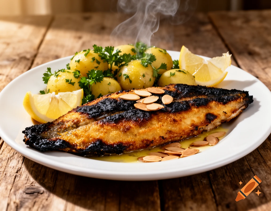 Photorealistic close-up of steaming burnt trout meunière with parsley potatoes, lemon wedges, and almonds on a plate on a wooden table.