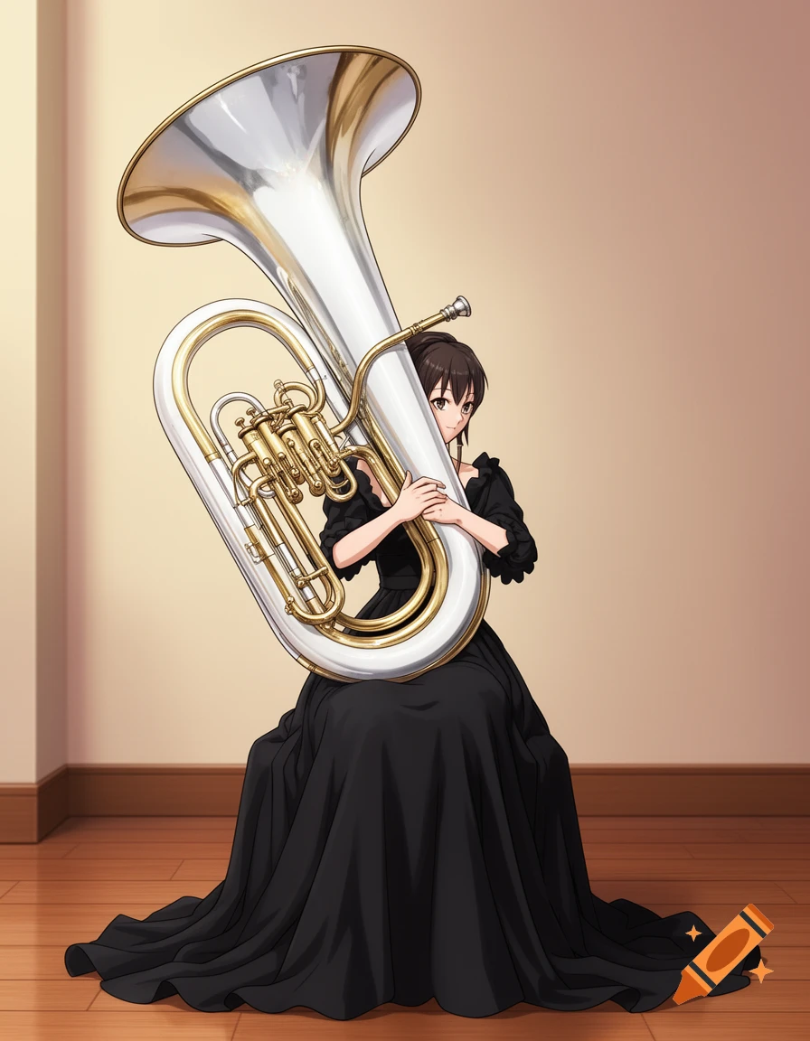 Anime girl in a black dress sits holding a large silver and gold sousaphone in a simple room. Anime style illustration.