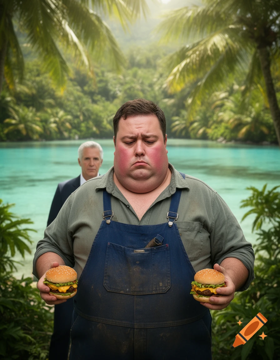 A depressed, heavyset man in overalls holds a cheeseburger in each hand, standing on a tropical island with turquoise water. A man in a suit is behind him.
