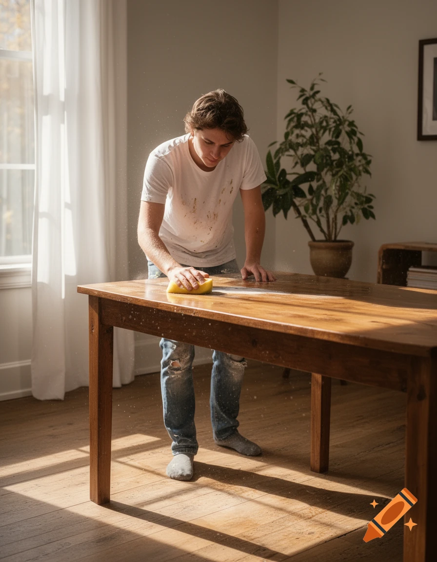 A young person in a white t-shirt and jeans uses a yellow sponge to wipe down a wooden table in a sunlit room, with water droplets spraying.