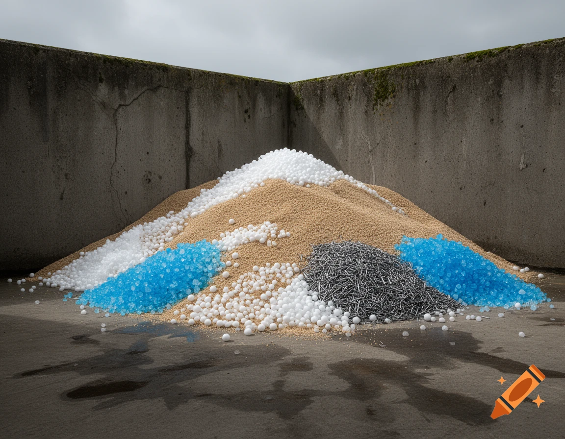 Photorealistic piles of white styrofoam, tan sand, blue crystals, and metal shavings on concrete against a textured wall.