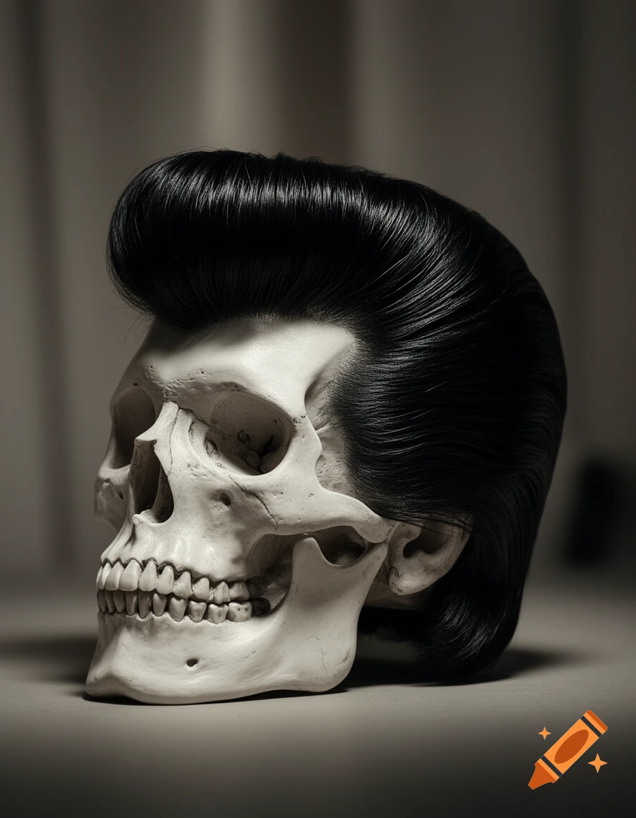 A realistic grayscale rendering of a human skull with a shiny, black pompadour hairstyle, in profile.