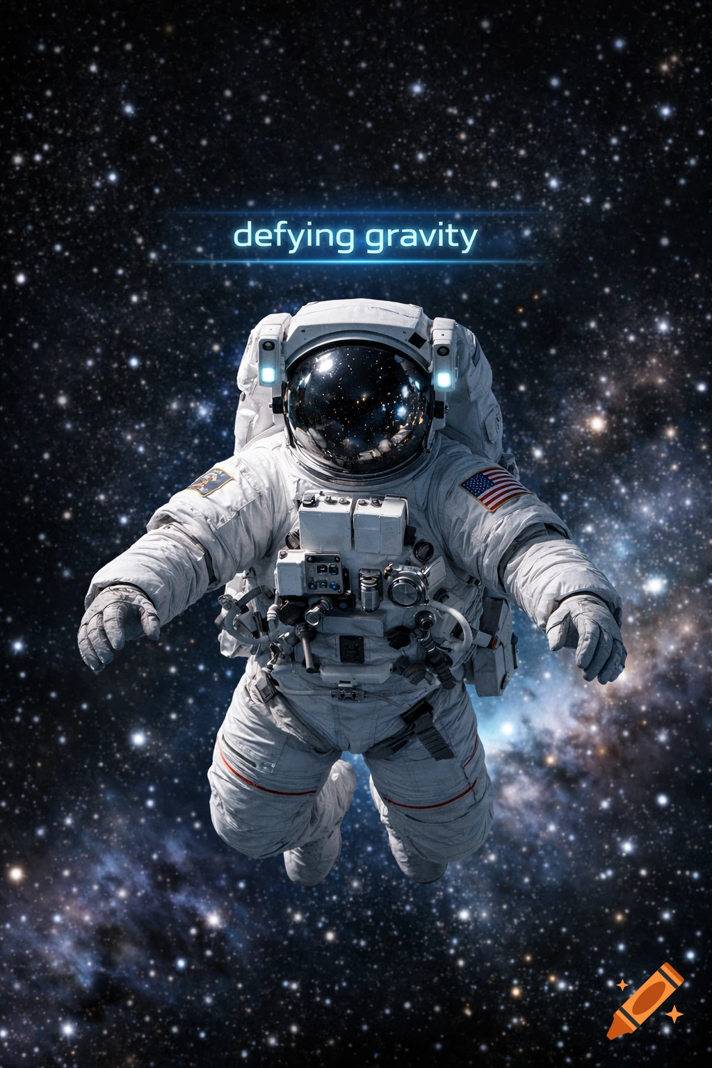 Photorealistic astronaut in a white suit floats in deep space among stars and a nebula, with "defying gravity" text.