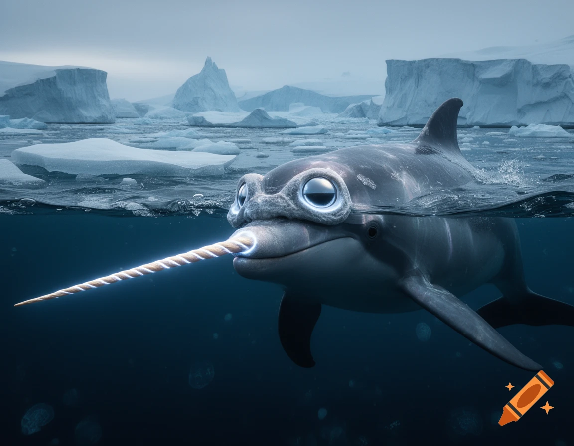 A cute narwhal-dolphin hybrid with large, glowing eyes and a long spiraled tusk swims in icy arctic waters, partly above and below the surface.