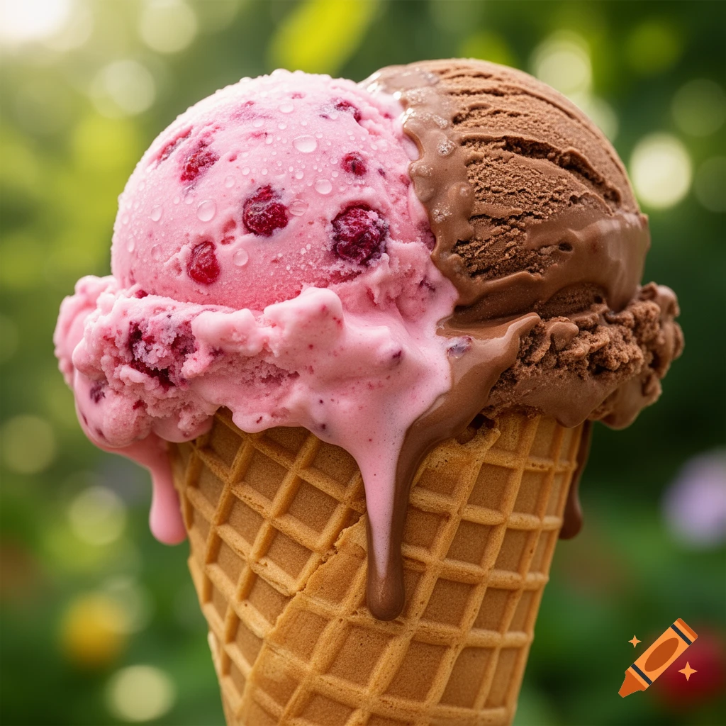 A photorealistic close-up of two melting scoops of ice cream, one pink with fruit and water droplets, one chocolate, in a waffle cone.