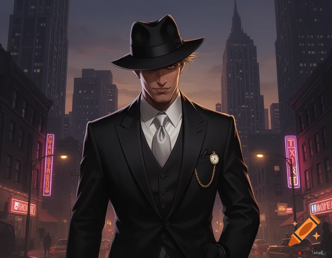 An illustrated man in a black suit and fedora stands in a dimly lit city street at dusk.