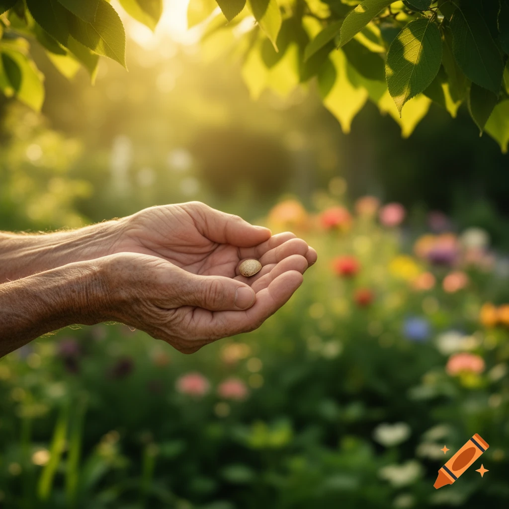 Two aged hands gently cup a small seed in a sunlit garden with blurred green leaves and colorful flowers.