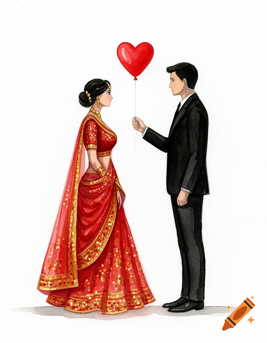 Watercolor illustration of a man in a suit offering a red heart balloon to a woman in a red and gold Indian lehenga.