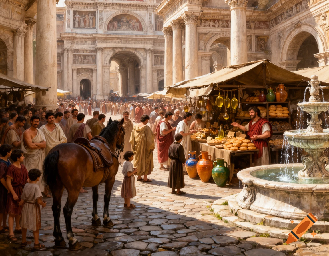 A busy ancient Roman street scene with a market stall, a crowd of people, a saddled horse, and a flowing stone fountain.