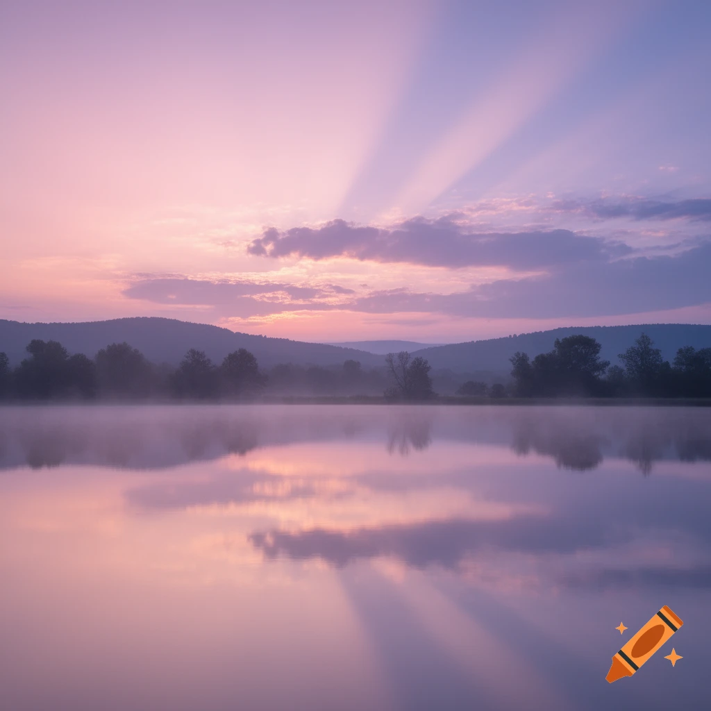 A tranquil morning scene over a misty lake reflecting a pastel pink and purple sunrise sky with sun rays and distant mountains.