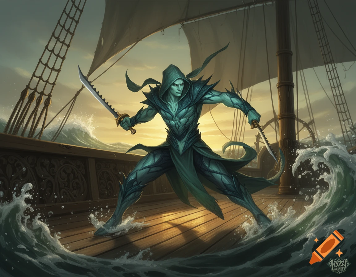 A teal-skinned fantasy warrior in a hooded tunic stands on a ship deck amidst splashing waves, wielding two swords at sunset.