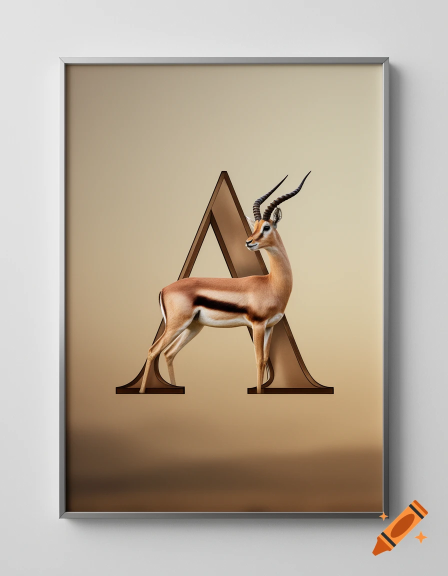 A framed poster features a gazelle in front of a large brown 3D letter A, set against a warm gradient background.