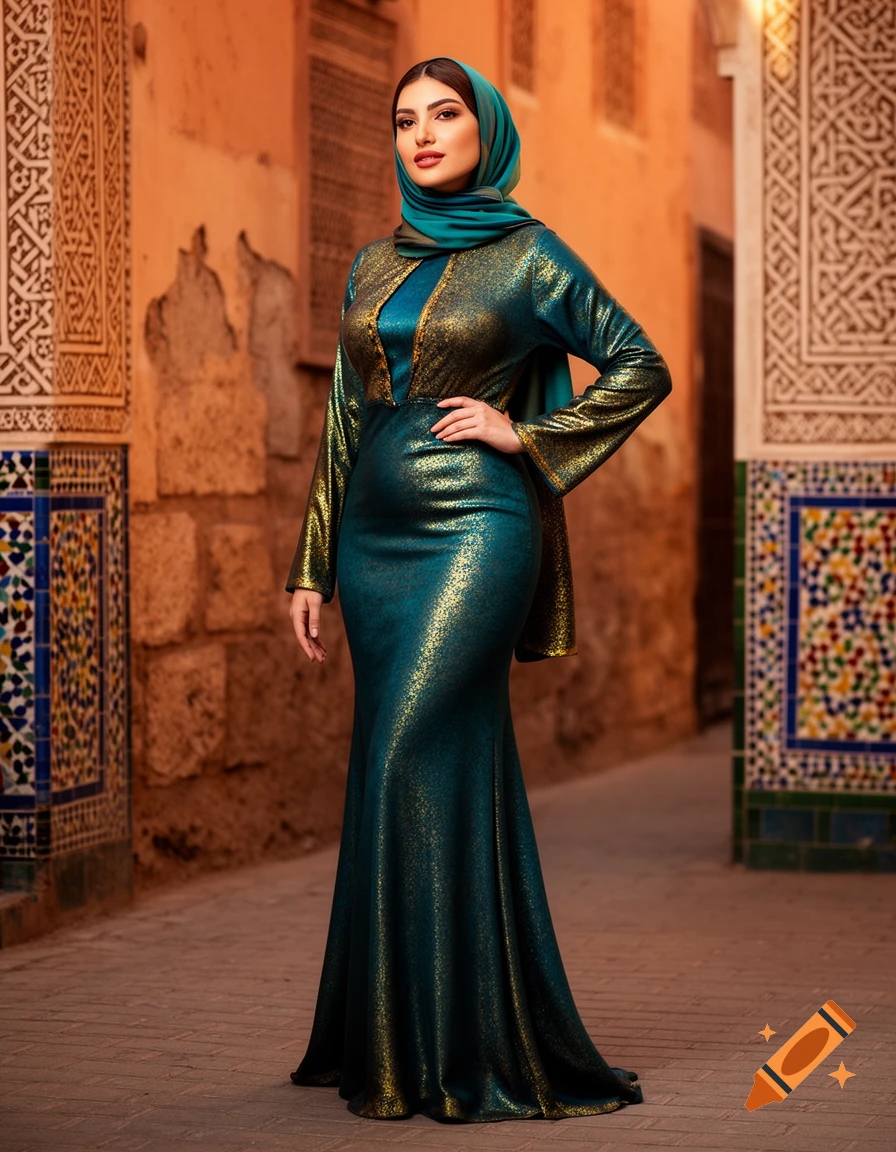 A woman in a shimmering teal and gold dress and matching hijab poses on a Moroccan street with ornate tiled walls.