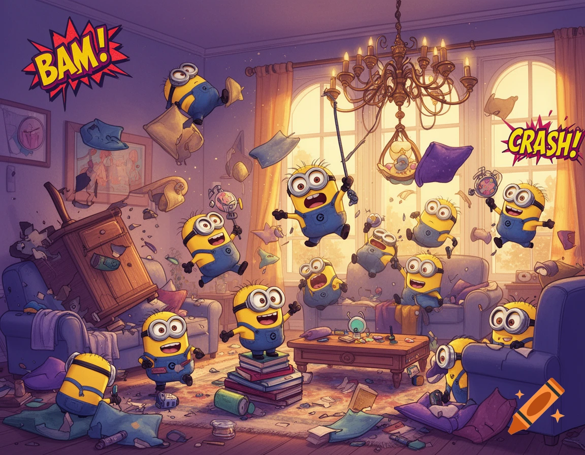 Cartoon Minions gleefully cause chaos in a messy living room, with objects flying and furniture toppled, exclaiming "BAM!" and "CRASH!"