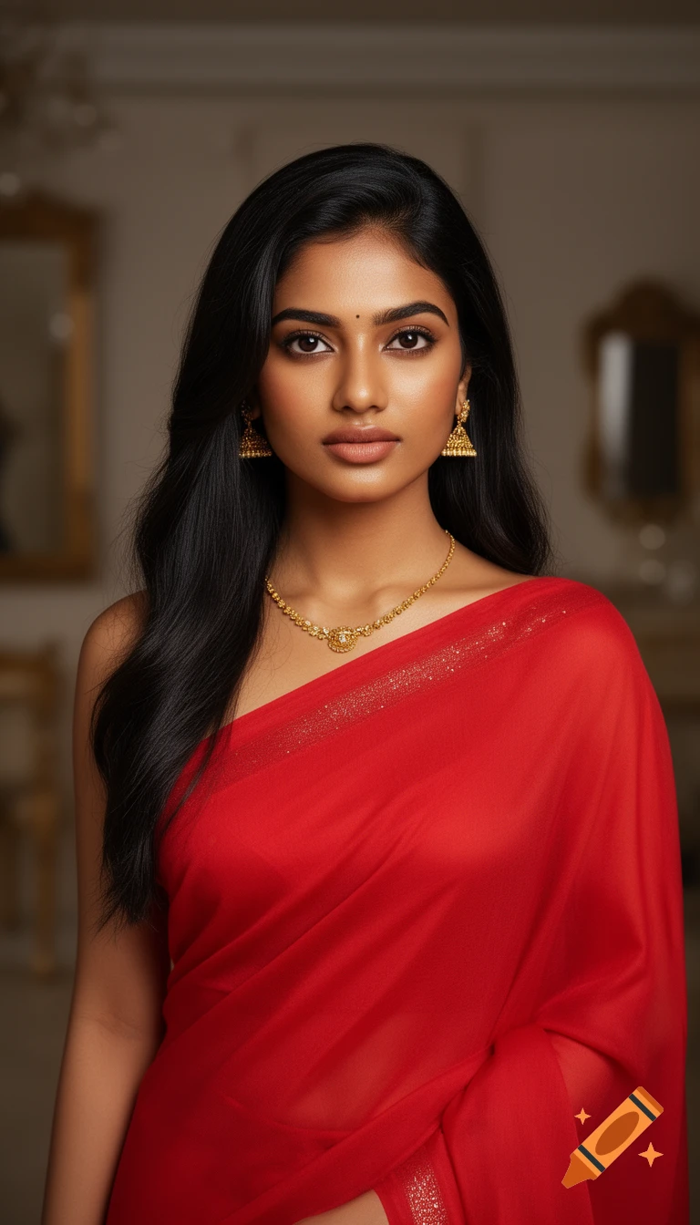Ultra realistic portrait of a beautiful Indian female model with long black hair, wearing an elegant red saree and golden jewelry.