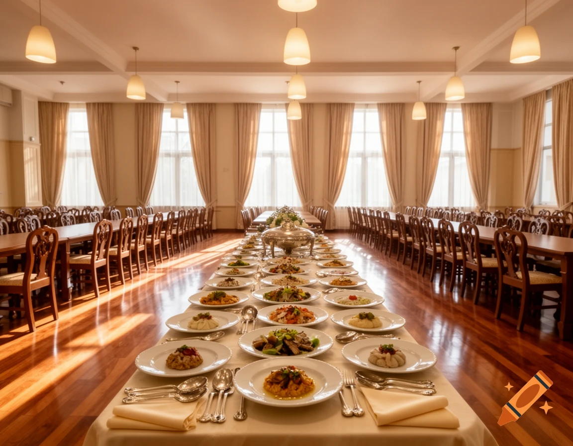 A long dining hall with a buffet table filled with dishes, flanked by rows of empty wooden tables and chairs, under soft pendant lighting.