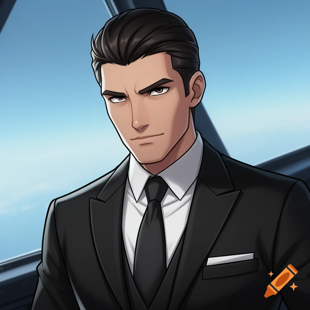 Anime-style man with dark hair in a black suit and tie, looking serious against a blue sky.