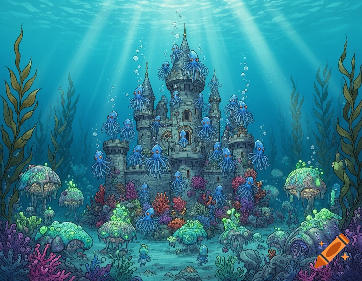 An illustration of an underwater castle covered in blue squid-like aliens, surrounded by colorful coral and seaweed, with light rays from above.