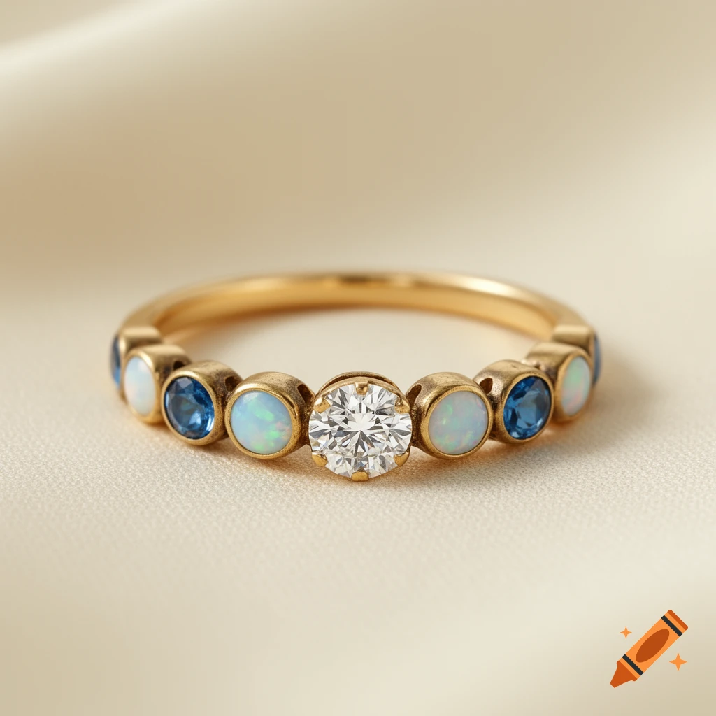 A thin gold band ring features a prominent central diamond, flanked by alternating round blue topaz and opal gemstones, giving it a vintage appearance.