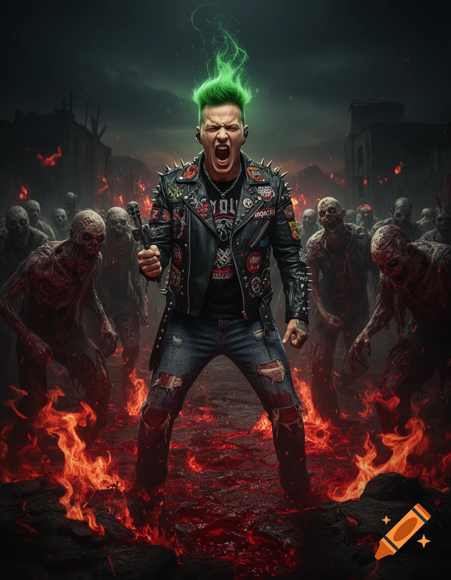 Zombie Like Rocker A screaming male punk rocker with bright green hair, wearing a spiked ...