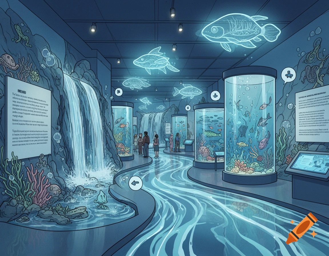 A comic-style illustration of an aquatic museum with waterfalls, large aquariums, glowing fish outlines, and visitors.