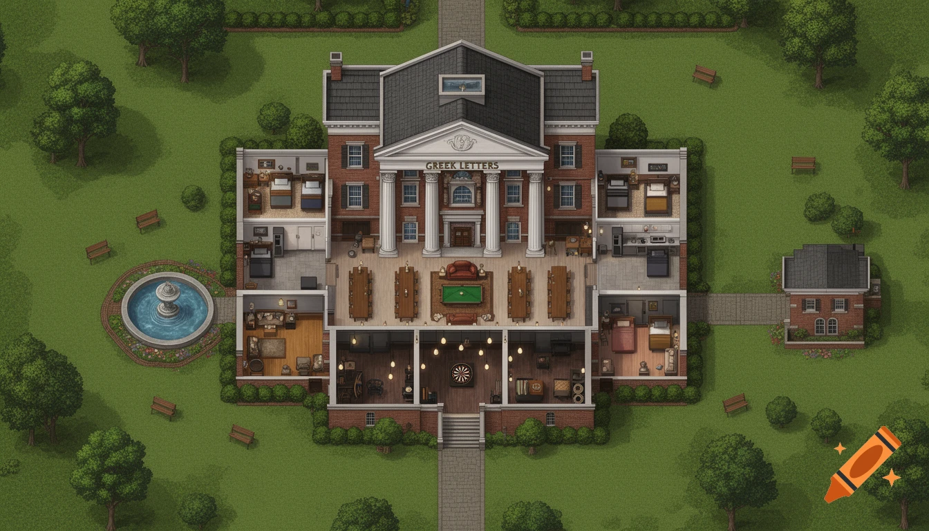 Overhead view of a detailed American fraternity house battlemap, with a cutaway revealing interior rooms and surrounding lawns.
