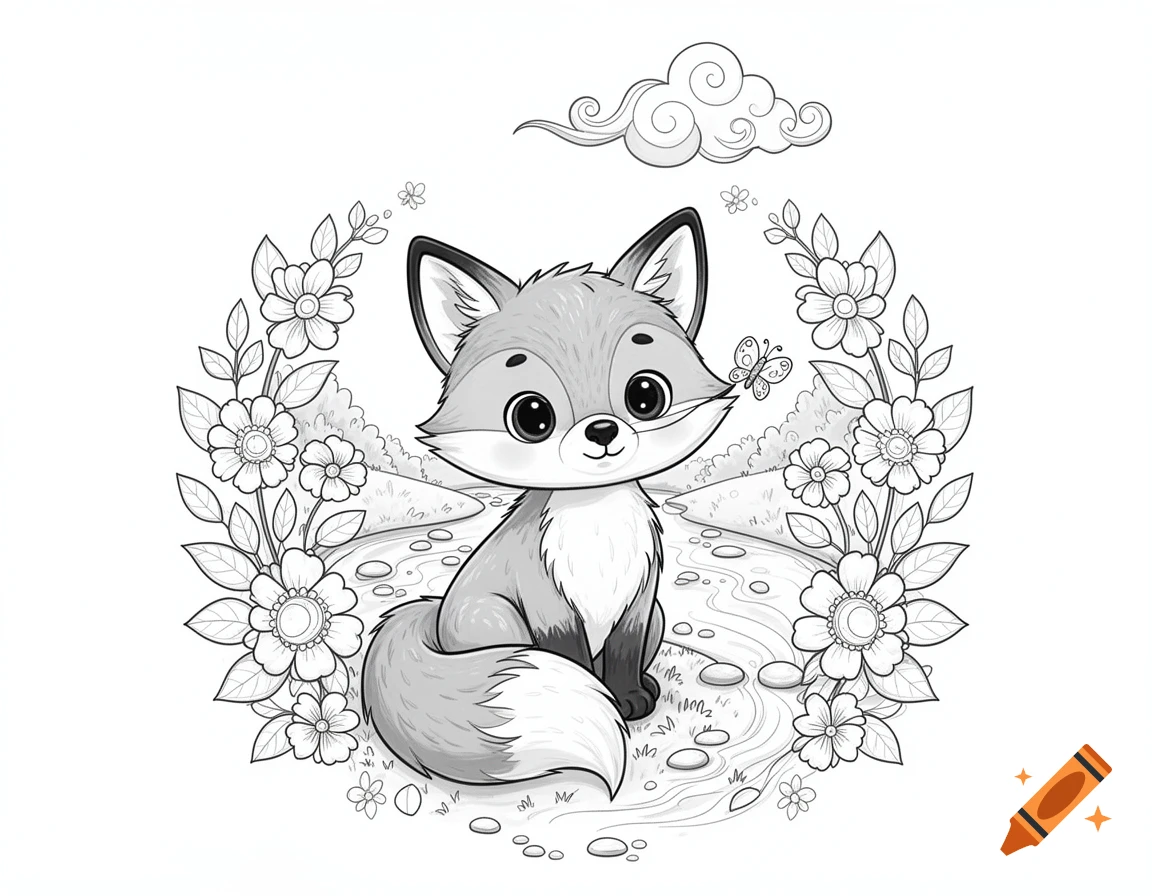 Cute cartoon fox with a butterfly on its nose, surrounded by flowers and a stream, in a line art coloring page style.