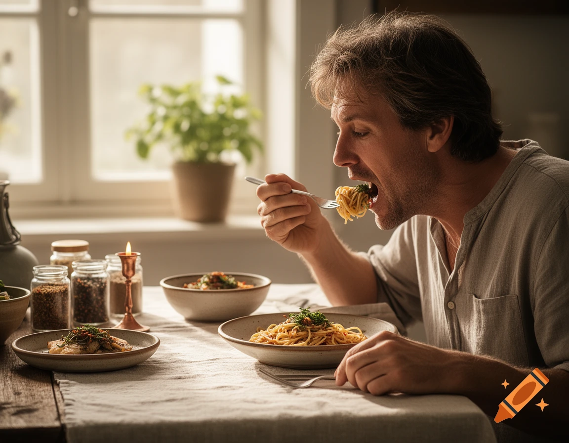 A man in a casual shirt eating spaghetti with a fork at a sunlit table, with other dishes and spice jars nearby.
