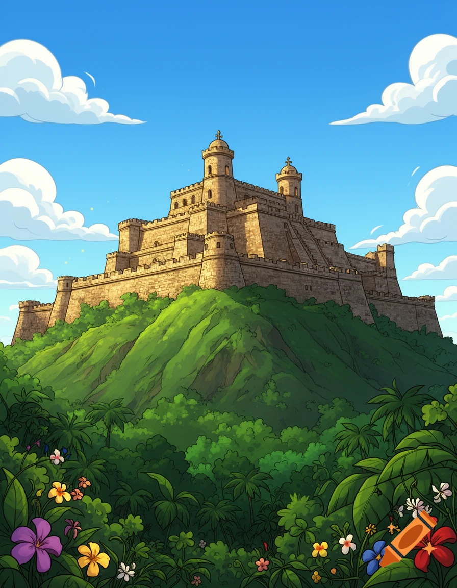 A vibrant cartoon of a large stone castle with multiple towers atop a lush green hill, surrounded by tropical foliage and flowers under a blue sky with fluffy clouds.